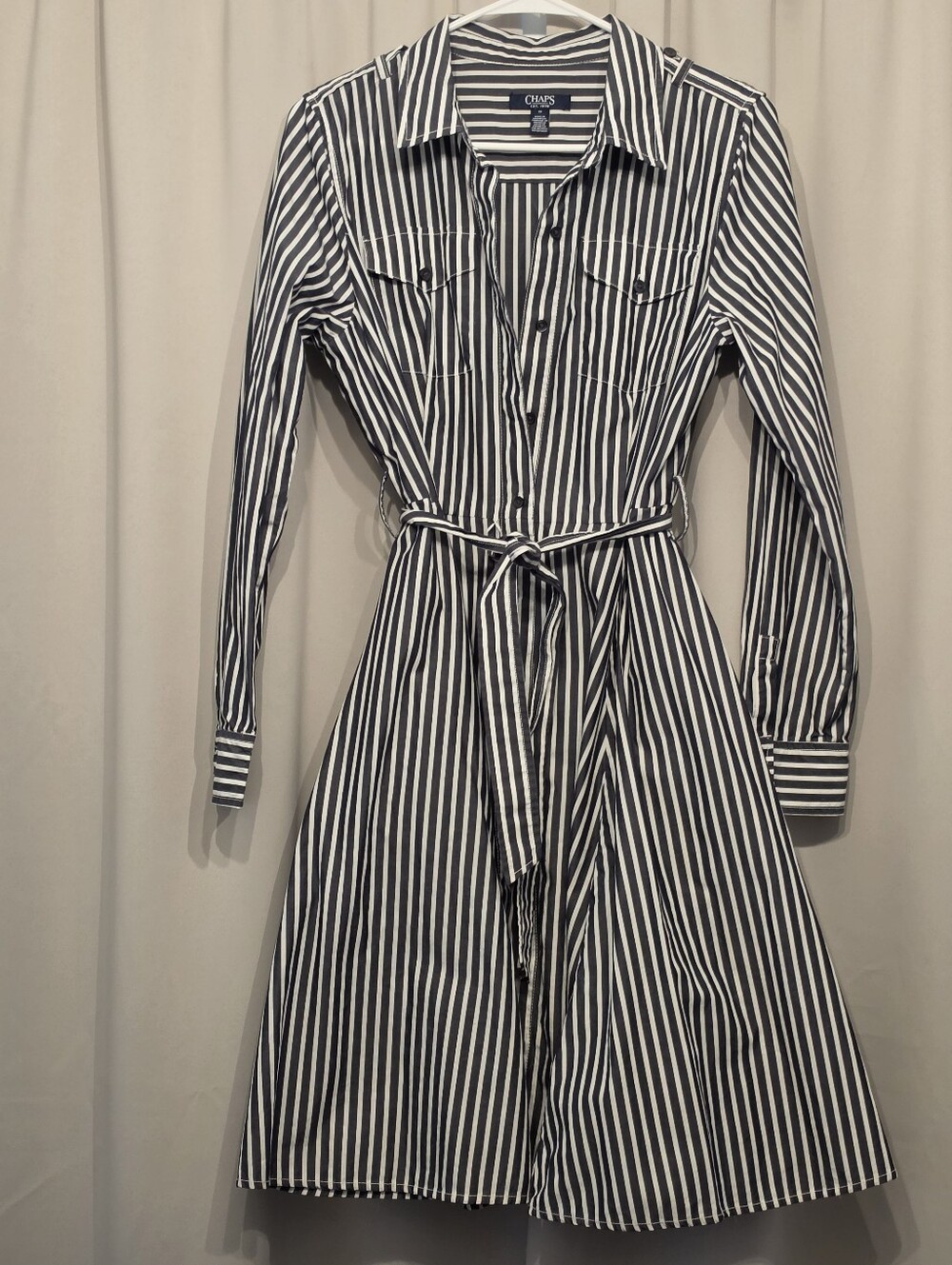 Chaps Navy & White Striped Shirtdress Size 8-10 Belted Safari Midi